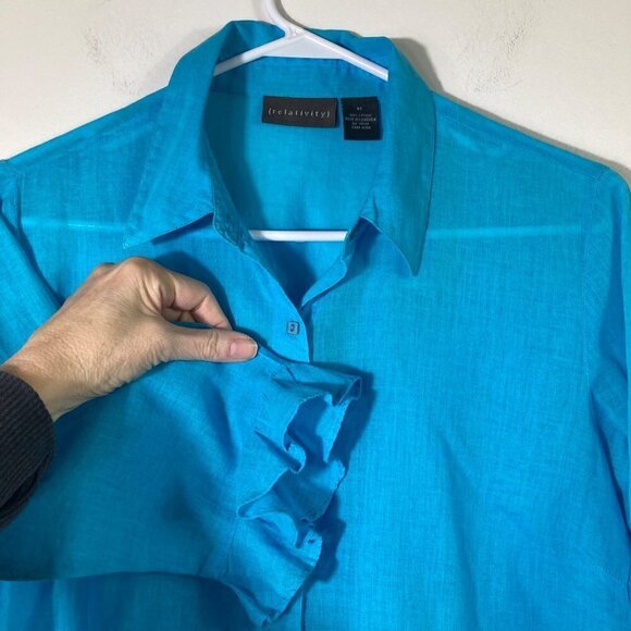 Womens Relativity Button Shirt Sheer Cotton Blue Teal 3/4 Ruffle Sleeve M - Picture 3 of 7